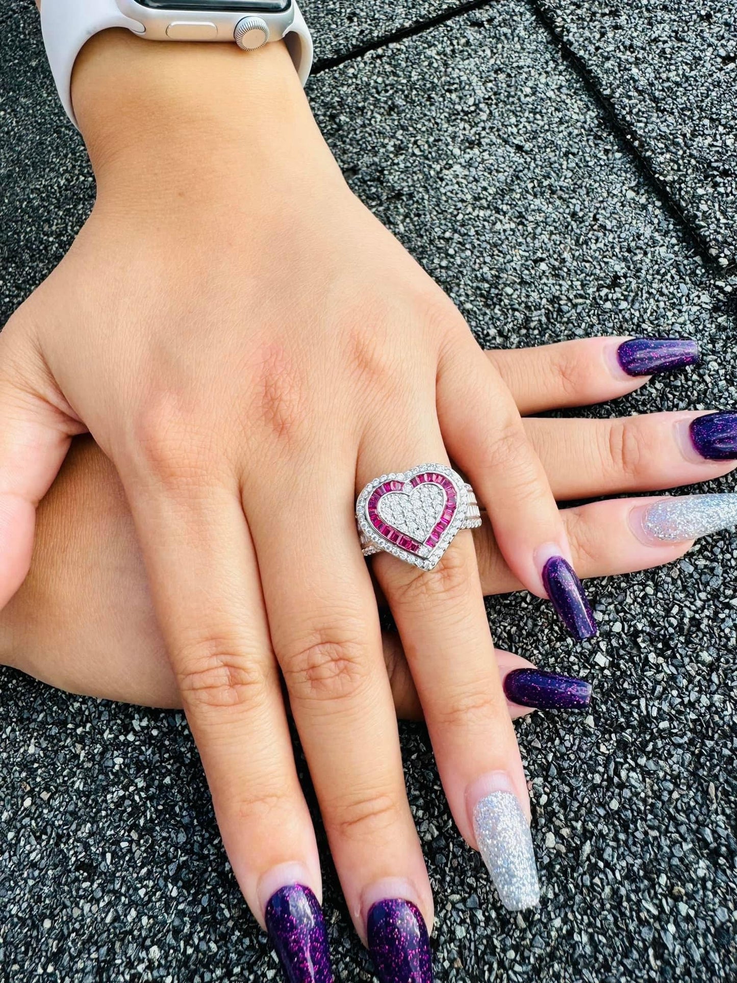 Silver and pink heart ring